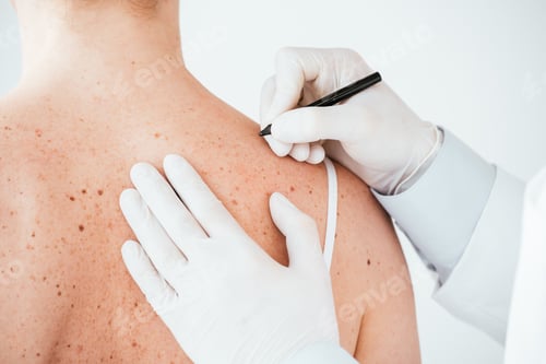 Preview: cropped view of dermatologist in white latex gloves holding marker pen near woman with melanoma