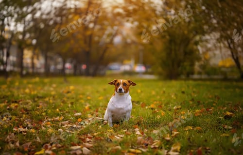 Preview: Jack russell terrier dog walking in autumn park outdoors.