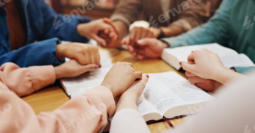 Preview: Bible study, holding hands and group with faith, praying and friends with belief, Christian and God