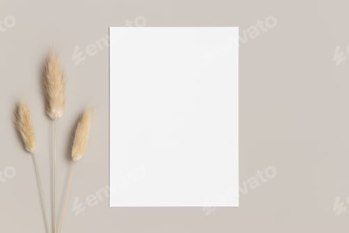 Preview: White invitation card mockup with a lagurus on a beige table. 5x7 ratio, similar to A6, A5.