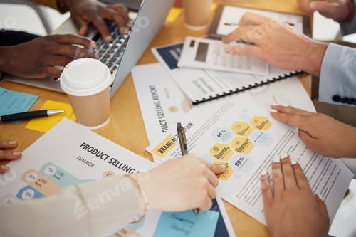 Preview: Hands, documents for a brand or product and business people in the office for planning closeup. Str