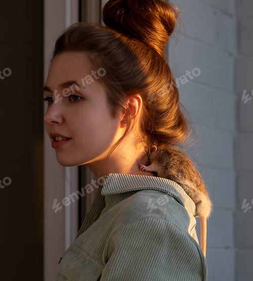 Preview: Woman With Pet Rat on Shoulder, Golden Light