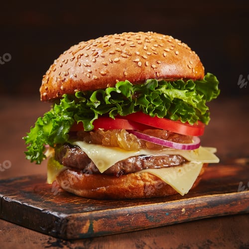 Preview: Homemade burger with beef, cheese and onion marmalade on a wooden board. Fast food concept, american
