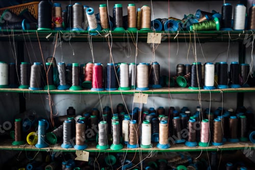 Preview: Close up of shelves of colorful thread for sewing shoe soles in a factory.