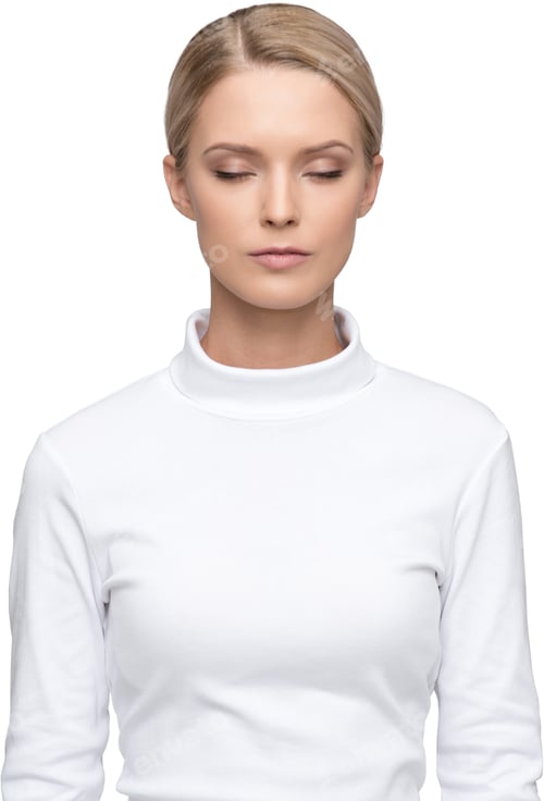 Preview: a woman in a white sweater looking down at her face