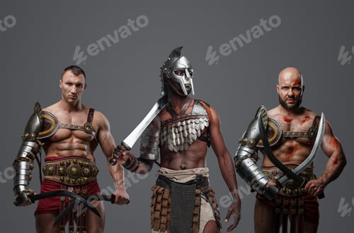 Vista previa: Three ancient gladiators with light armors and swords