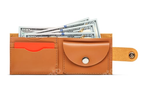 Preview: Open brown leather wallet with hundred dollar bills and red card isolated on white.