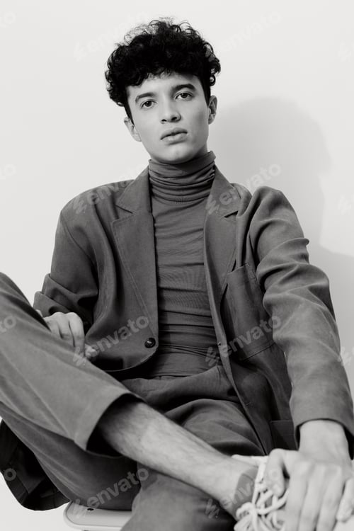 Preview: Man trendy suit style handsome fashion pose and white grey person black studio clothing