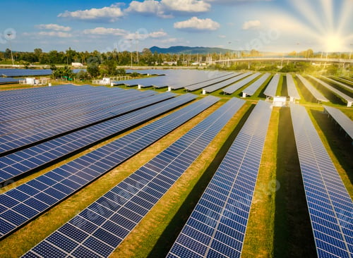 Preview: Solar panels sun power on the field in summer aerial view in Thailand Solar panel field