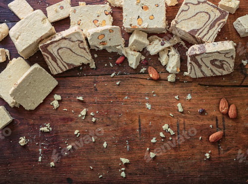 Preview: Halva almond nuts and cocoa slices on wooden table background