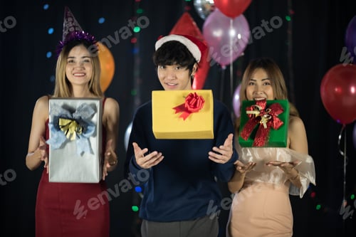 Preview: portrait of young people having happiness fun with friendship in new year tradition