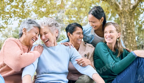 Preview: Happy senior friends, laughing or bonding in nature park, grass garden or relax environment in reti