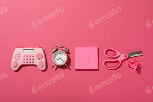 Preview: Calculator, note paper alarm clock and scissors on pink background, top view