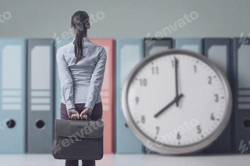 Preview: Businesswoman checking the time on a huge clock