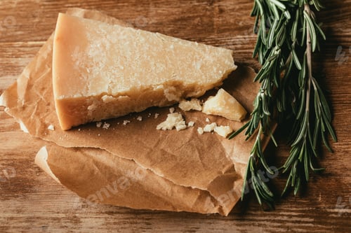 Preview: top view of Parmesan cheese and fresh rosemary on wooden tabletop