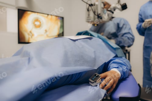 Preview: Selective focus on the pulse oximeter on the patient's finger. Determination of oxygen saturation