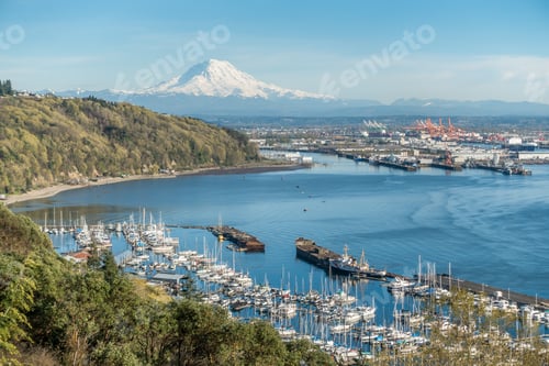 Preview: A Panoramic View Of Mount Rainier, The Port Of Tacoma And A Marina.