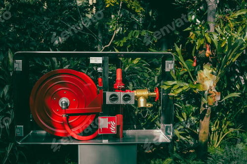 Preview: Red Fire Hose Reel Enclosed In A Stainless Steel Cabinet Amidst Lush Greenery