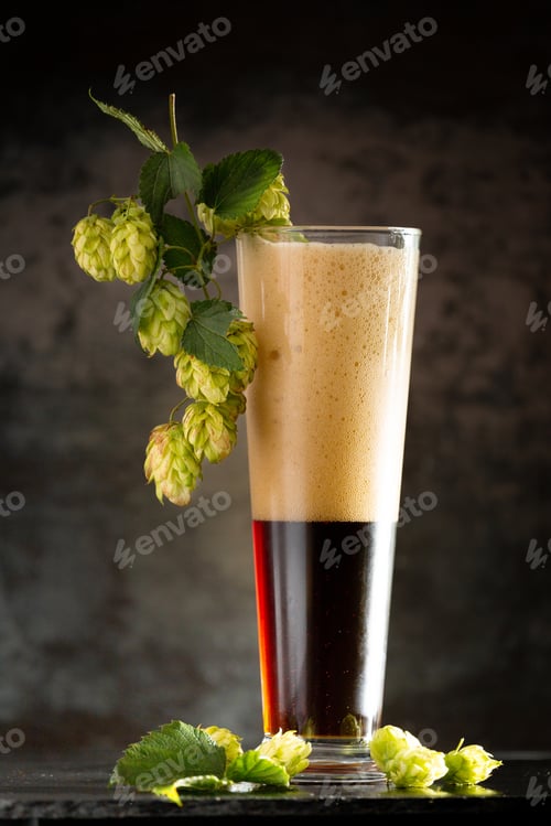 Preview: Glass of dark beer with hops around on a dark background