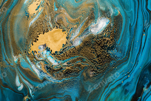Preview: Acrylic Fluid Art. Blue sapphire waves and gold spots curls. Abstract swirling background or texture