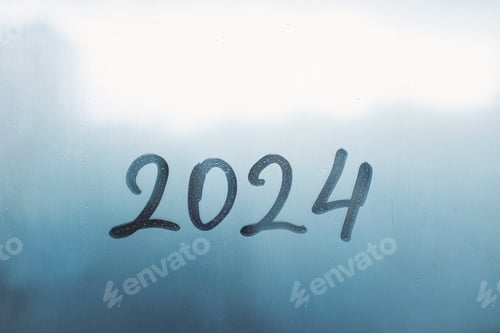 Preview: numbers 2024 of new year paint with finger on splashed by rain foggy glass on blue window