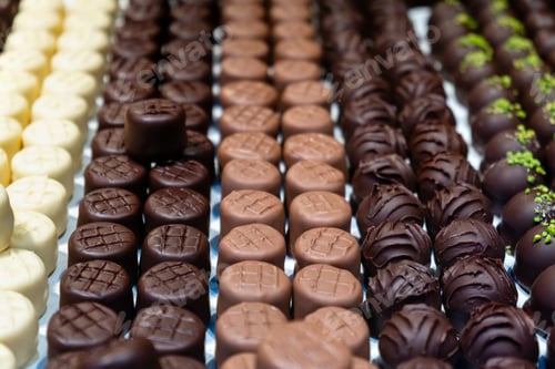 Preview: Assortment of chocolate pralines in pastry shop.