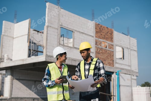 Preview: Structural engineer and architect working with blueprints discuss at the outdoors construction site.