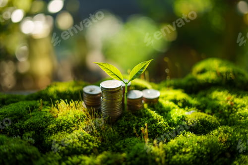 Preview: money and growth and environment concept, money pile on green moss with evening light in nature