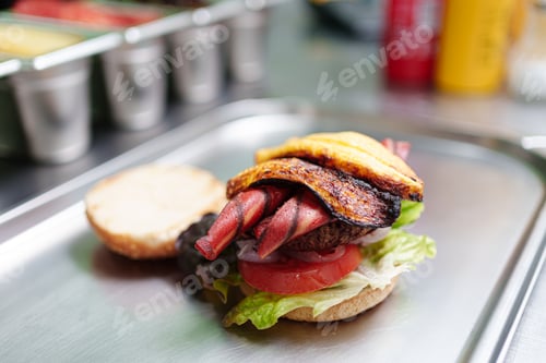 Preview: cook prepares vegan burger in her restaurant