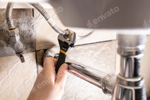 Preview: hand fixes flexible hoses under sink by wrench