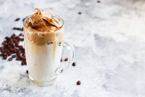 Preview: Dalgona Coffee Ice Drink Cappuccino Or Latte Fluffy Creamy Whipped Food Background Top View Copy