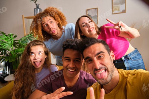 Preview: Selfie photo of funny diverse, happy friends with silly faces at home.