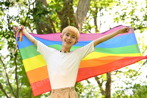 Preview: Portrait of cheerful young stylish man holding pride rainbow flag blowing in the wind.
