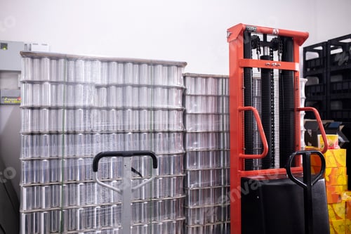 Preview: stack of new aluminium cans on the manufacture, cold drink beverages production