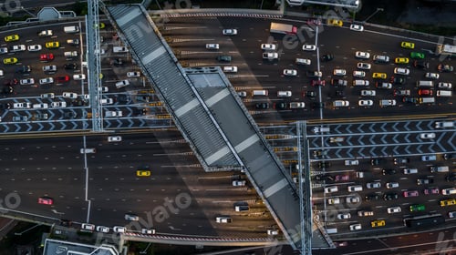 Preview: Aerial view cars waiting to pay at the expressway, Gate for expressway fee payment, Cars at gate.