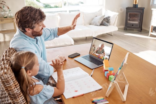 Preview: Video call, education and learning with a girl, father and teacher in a remote meeting on a laptop