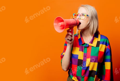 Preview: Style blonde in 90s clothes and rainbow glasses with megaphone