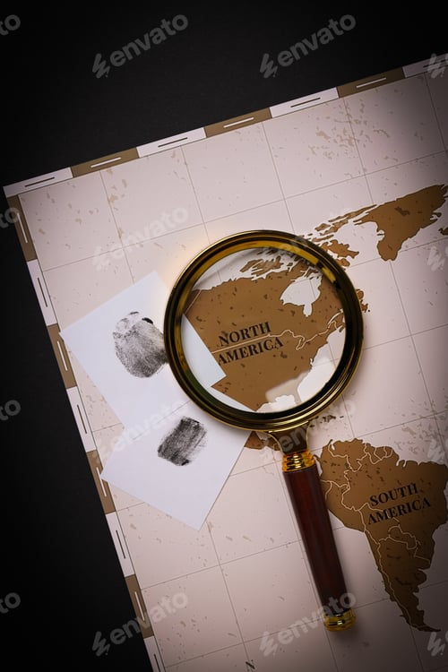 Preview: Magnifying glass with map and vintage compass
