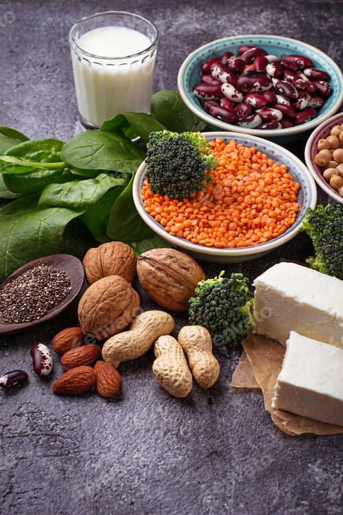 Preview: Lentils, chickpea, nuts, beans, spinach, tofu, broccoli and chia seeds.