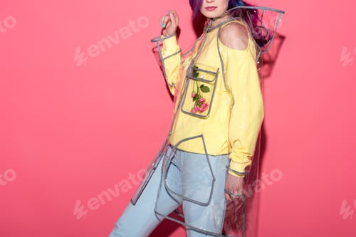 Preview: cropped shot of fashionable young woman in transparent raincoat on red