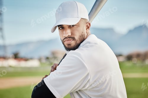 Preview: Baseball batter, portrait or face of man in a game competition, training match on stadium pitch. So