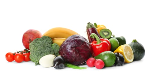Preview: Rainbow collection of ripe fruits and vegetables on white background