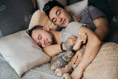 Preview: A homosexual couple on bed in studio with loft interior