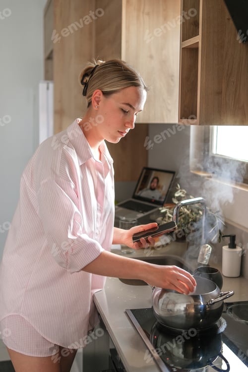 Preview: woman working remotely kitchen,video call,enjoying mindful morning routine Home office