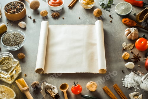 Preview: herbs and spices on wood background