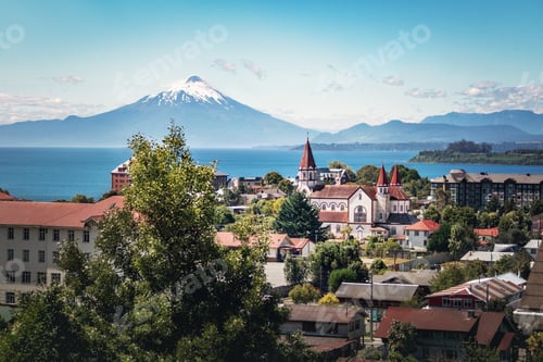 Preview: Aerial view of Puerto Varas with Sacred Heart Church and Osorno Volcano - Puerto Varas, Chile