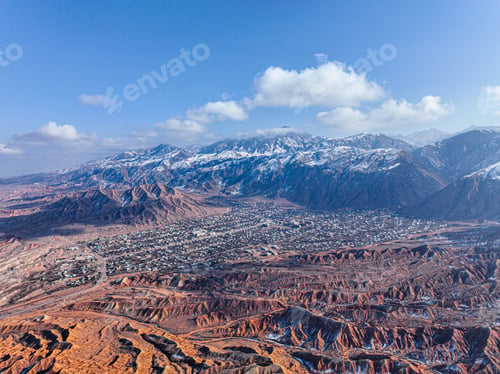 Preview: Wide aerial landscape of Mars Canyon and distant town