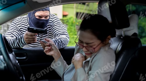 Preview: Thief is threatening woman. Robber is robbing woman by Gun.