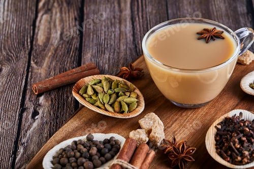 Preview: Traditional Indian drink - masala tea with spices. Cinnamon, cardamom, anise, sugar, cloves