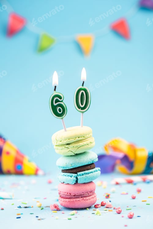 Preview: Sixtieth 60th Birthday Card with Candle in Colorful Macaroons an